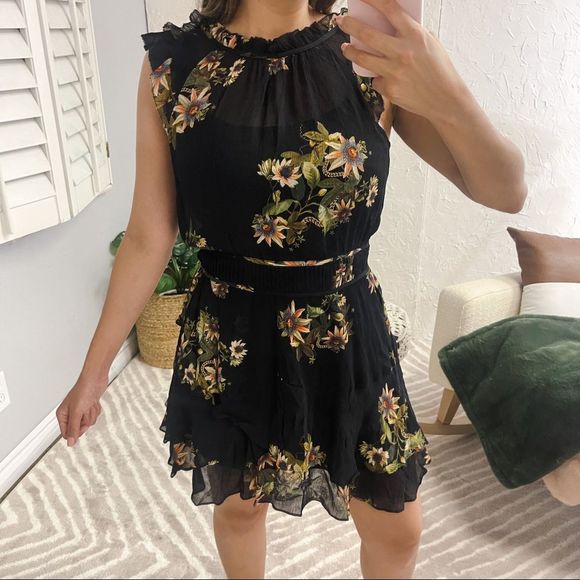 All Saints Caylan Avifauna Dress Black Floral Short Sheer Ruffle Collar Logo - Picture 2 of 14